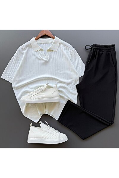 Beylerce Nurse Collar Ribbed Knitwear T-Shirt + Ribbed Trousers 2-Piece Combi...