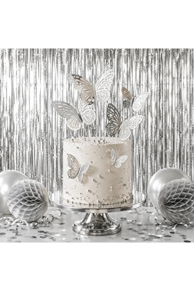 Gümüş Parti Dekorasyon Seti 18 Parça | 3D Kelebek Sticker + Işıltılı Silver Arka Fon + Metalik Beyaz Balon Seti | Doğum Günü, Baby Shower, Söz Nişan Parti Süsü