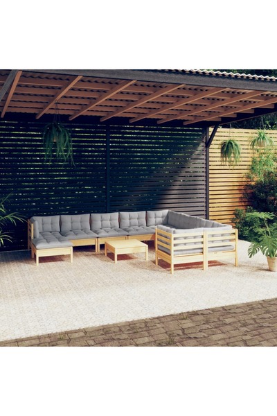 vidaxl Set mobilier gradina cu perne, 11 piese, gri, lemn masiv pin