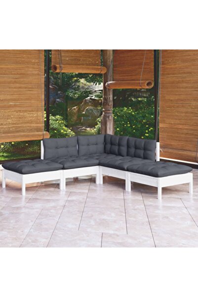 vidaxl Set mobilier gradina cu perne, 5 piese, alb, lemn de pin