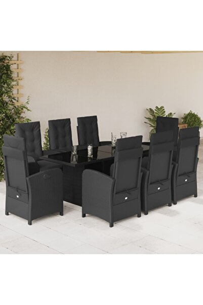 vidaxl Garden furniture set with cushions, 9 pieces, black, polyrattan