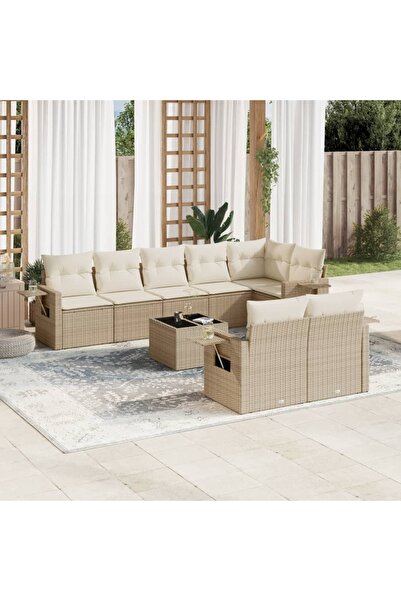 vidaxl Set canapele de gradina, 9 piese, cu perne, bej, poliratan