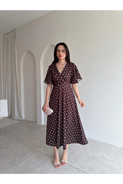 Mooi Butik فستان ميدي منقط بخطوط 5522 - بني غامق