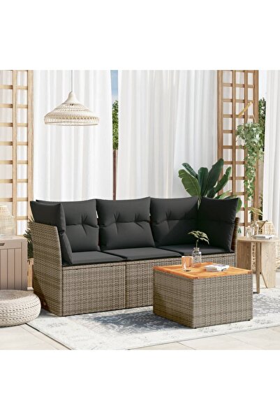 vidaxl Garden sofa set with cushions, 4 pieces, grey, polyrattan