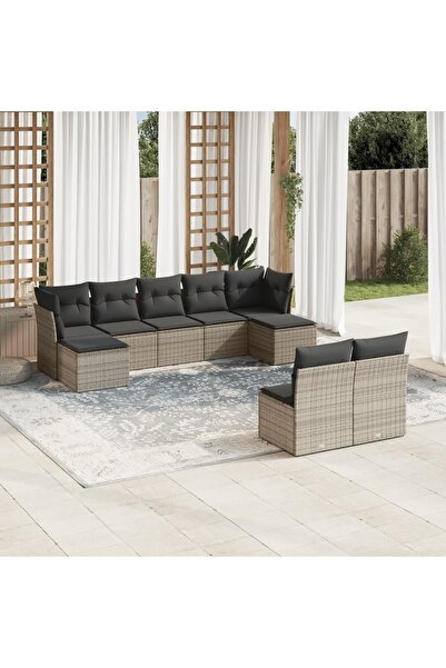 vidaxl Set canapele de gradina, 9 piese, cu perne, gri, poliratan