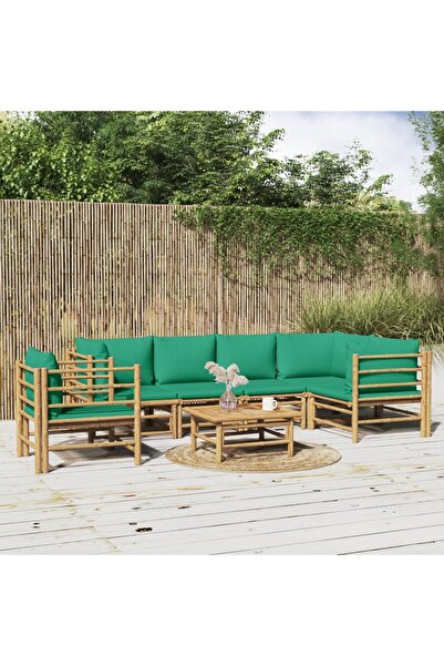 vidaxl Set mobilier de gradina cu perne verzi, 7 piese, bambus