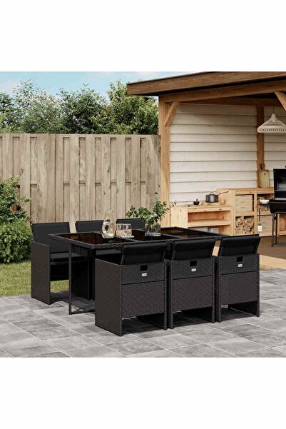 vidaxl Garden furniture set with cushions, 7 pieces, black, polyrattan