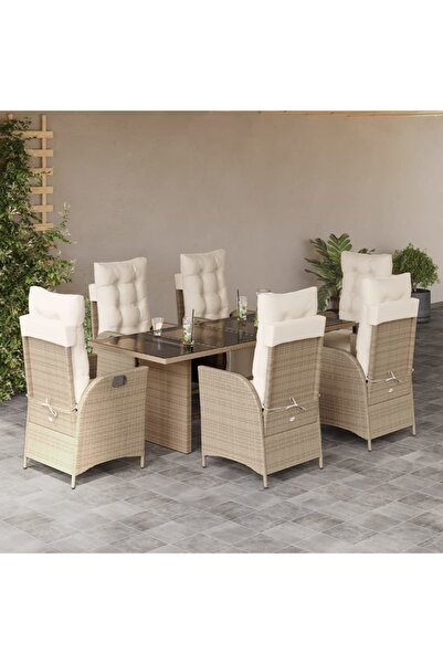 vidaxl 7-piece garden table set with cushions, beige, polyrattan
