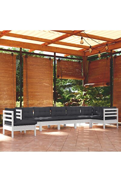 vidaxl Set mobilier de gradina cu perne, 8 piese, alb, lemn masiv pin