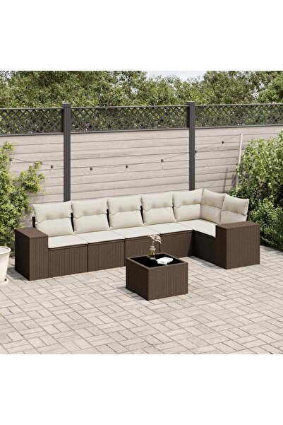 vidaxl Garden sofa set with cushions, 7 pieces, brown, polyrattan