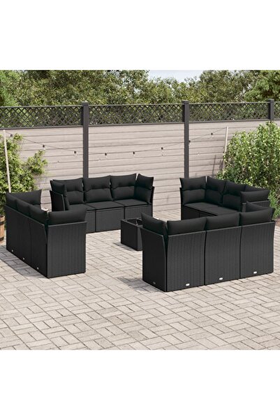 vidaxl Garden furniture set with cushions, 13 pieces, black, polyrattan