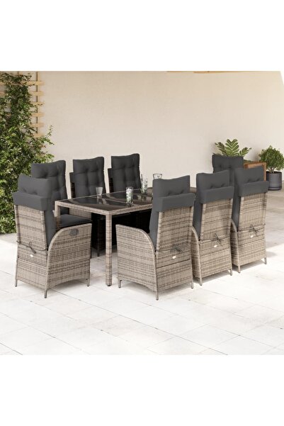 vidaxl Garden furniture set with cushions, 9 pieces, grey, polyrattan