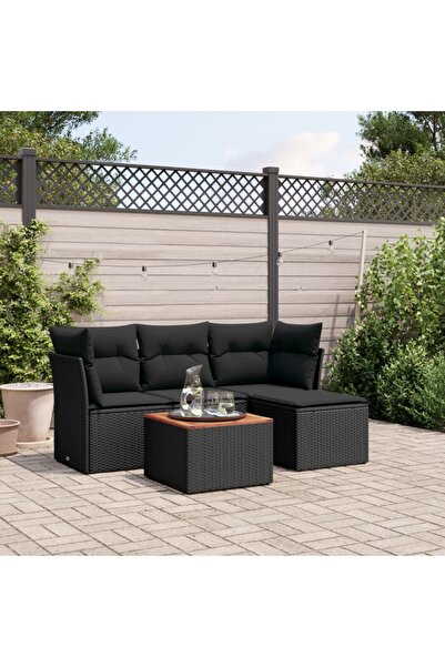 vidaxl Garden furniture set with cushions, 5 pieces, black, polyrattan
