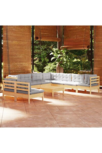 vidaxl Set mobilier gradina cu perne, 10 piese, gri, lemn masiv pin