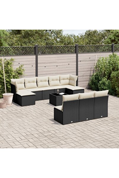 vidaxl Garden sofa set with cushions, 11 pieces, black, polyrattan