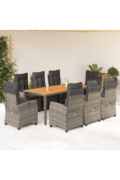 vidaxl Garden furniture set with cushions, 9 pieces, grey, polyrattan