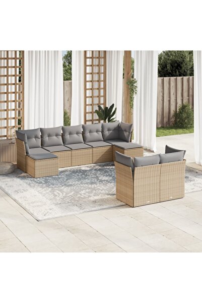 vidaxl Set canapele de gradina, 9 piese, cu perne, bej, poliratan