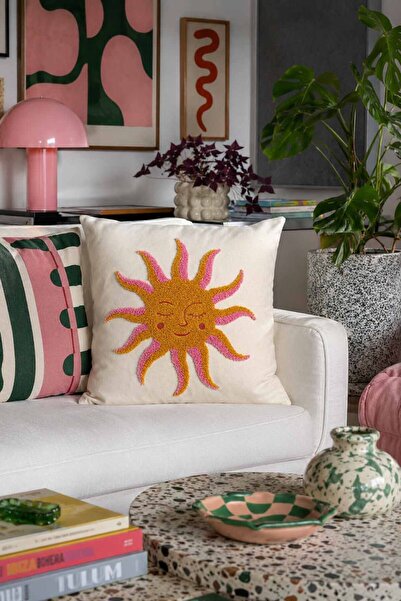 Pilloveland Punch Embroidered Throw Pillow Cover - 43*43 cm - Sun - Pnk001