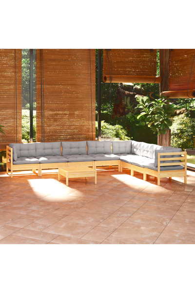 vidaxl Set mobilier de gradina cu perne gri, 9 piese, lemn masiv pin