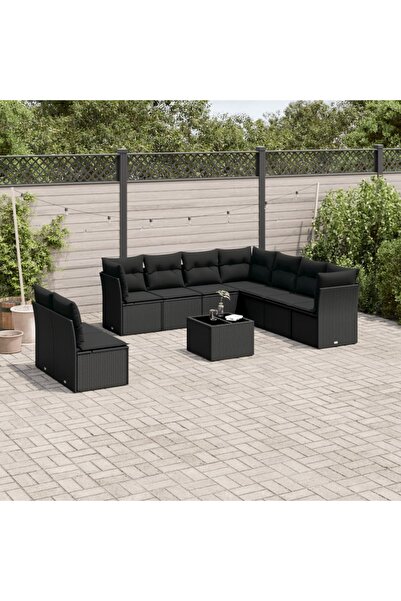 vidaxl Garden sofa set with cushions, 10 pieces, black, polyrattan