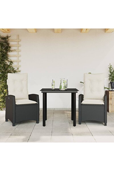 vidaxl Set mobilier de gradina cu perne, 3 piese, negru, poliratan