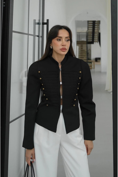 My Blog Black Jacket with Button and Embroidery Detail - 2671
