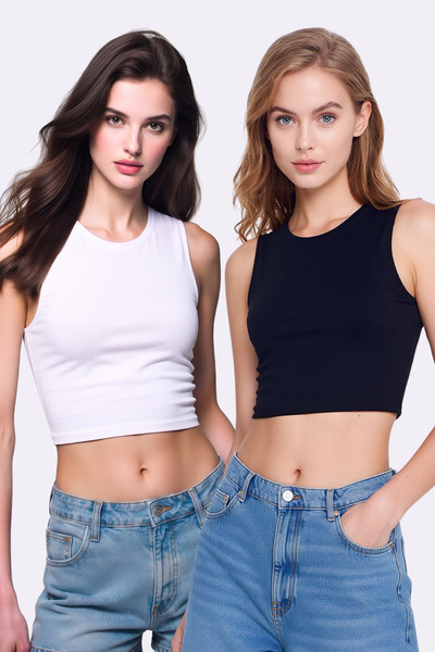 Pearlune Women's 2-Piece Crew Neck Sleeveless Cotton Stretchy Basic Crop Top ...