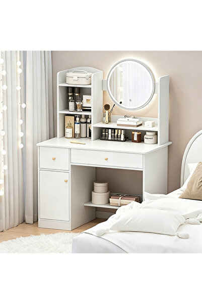 GGEROU Vanity with drawers, vanity table with mirror and smart lighting (dimm...