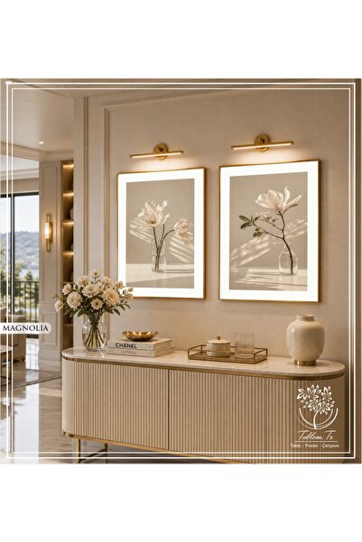 Tablomtr Magnolia - Dijital Baskılı Gold Metal Çerçeveli Gerçek Camlı 2'li De...