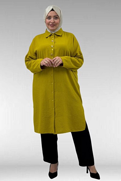 Eslina 68037 Plus Size Linen Tunic with Accessory Detail - Oil Green