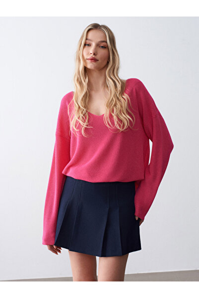 Dilvin 10869 Pulover drapat cu decolteu în V - Fucsia