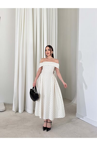 solena sln Madonna Collar Polka Dot Side Pleated Midi Length White Women's Dress