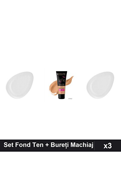 Makeup Set 3 Fond de Ten Eveline Selfie Time 2in1 05 Beige 30ml + 3 Bureți Ma...