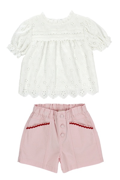 Patique Kids Girl's White Brode Blouse Pink Shorts Two-Piece Set