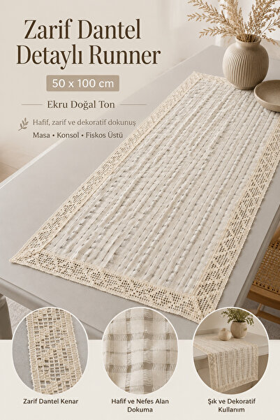 Morlay Dantel Kenarlı Özel Dokulu Güpürlü Runner 50x100 cm Dekoratif Masa Örtüsü