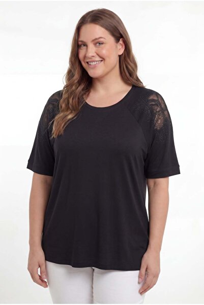 RMG Shoulder Tulle and Stone Detailed Plus Size T-Shirt Black