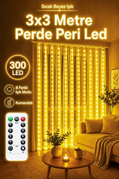 Telvesse 8 MOD Perde Ledi 300 LED 3x3m 10 Sarkıt Led Yılbaşı Oda Dekoru Kuman...