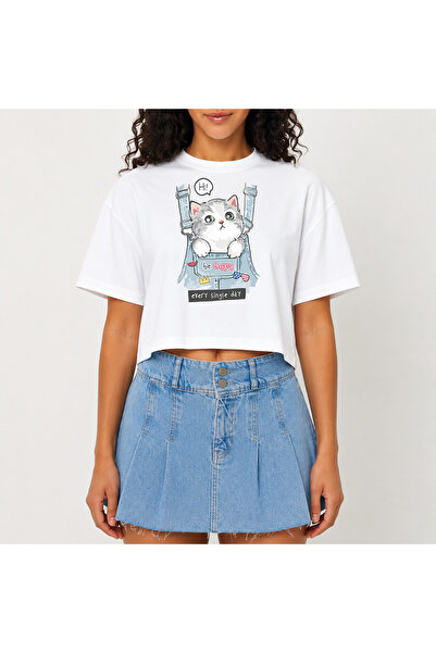 URBANTRENDSTORE Crop T-shirt με λευκό σχέδιο, άνετη εφαρμογή, ακατέργαστη κοπ...