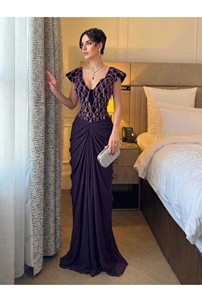 maria fashion فستان سهره أنيق بلون البنفسجي