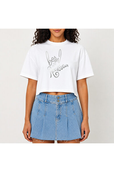 URBANTRENDSTORE Crop T-shirt με λευκό σχέδιο, άνετη εφαρμογή, ακατέργαστη κοπ...