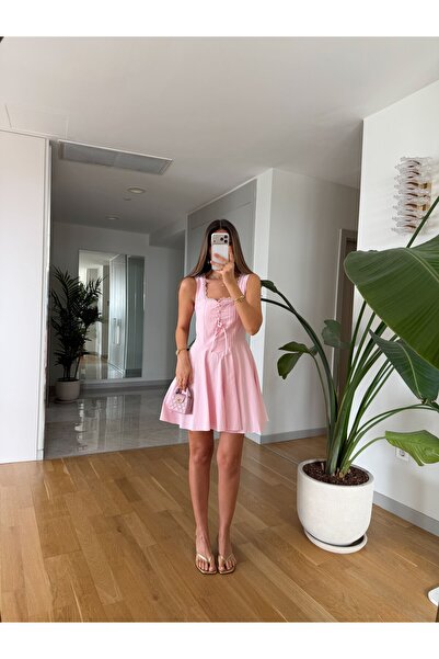 MERVE AKSOY Benito Kalın Askılı Boncuk Detaylı Elbise - Pembe