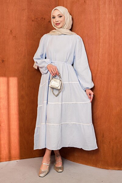 İmajButik فستان من الموسلين الأزرق الفاتح بأكمام مطاطية