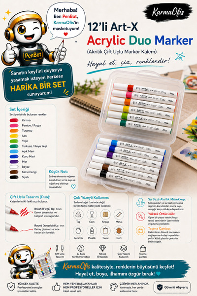 KarmaOfis 12’li Art-X Acrylic Duo Marker Akrilik Çift Uçlu Markör Kalem Seti ...