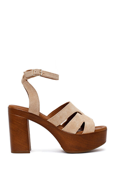 Derimod Women's Beige Ankle Buckle Thick High Heel Suede Leather Sandals 26Sf...