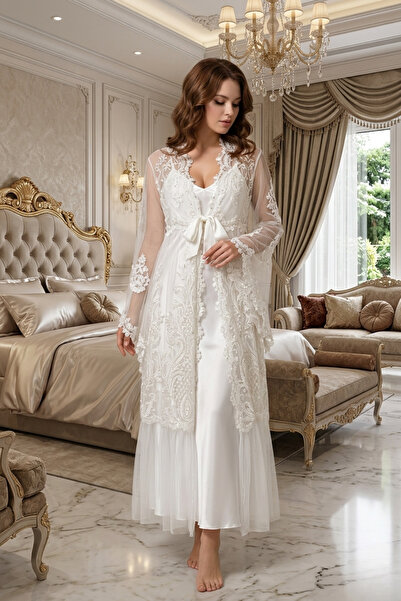 big mama Luxury 2-Piece Satin and Lace Long Robe Nightgown Set - Embroidered ...
