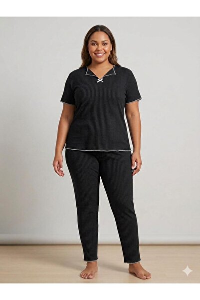 FAMES PİJAMA Summer Women's Black Ribbed Pajama Set