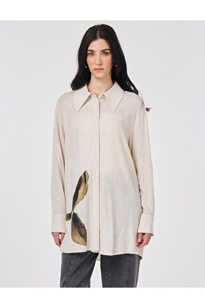 Kayra Women's Printed Detailed Viscose Linen Shirt Collar Hidden Button Tunic