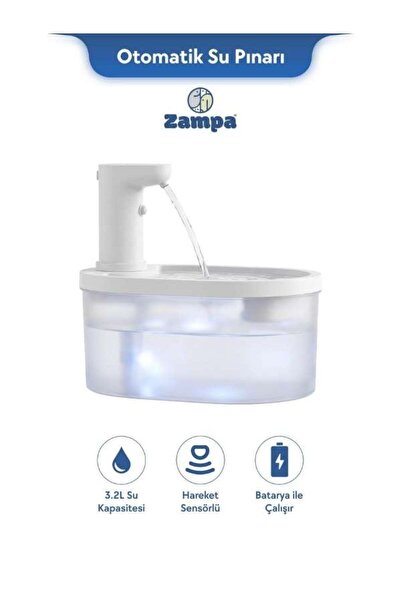 Zampa PF-010 Oval Pet Otomatik Su Pınarı 3.2L - Bataryalı ve Akıllı Sensörlü ...