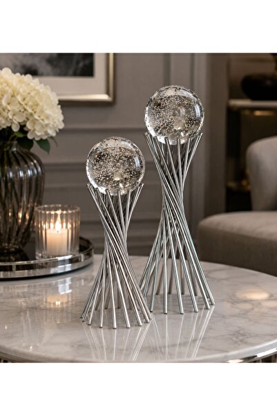RoyalDecorHome 2'Li Dekoratif Burgulu Kabarcıklı Küre Gümüş