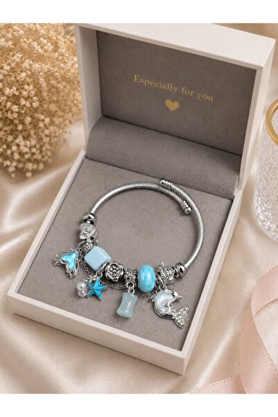 Line Luna Ocean Charm Çelik Bileklik – Mavi Deniz Temalı Luxury Charm Bangle